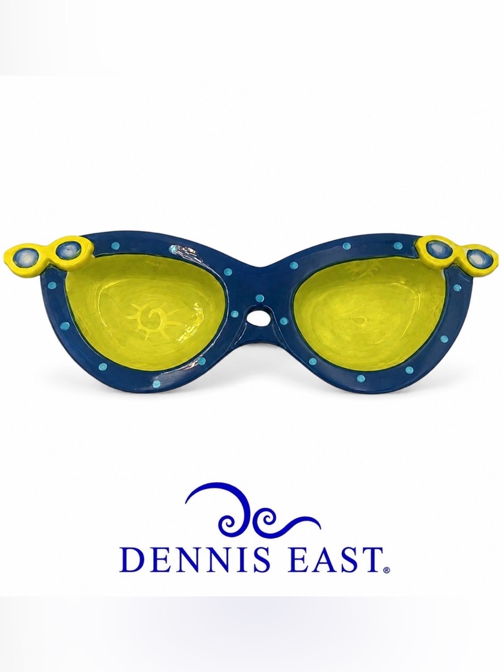 Dennis East HAND PAINTED Ceramic Sunglasses Divided Serving Dish 14” Blue Yellow